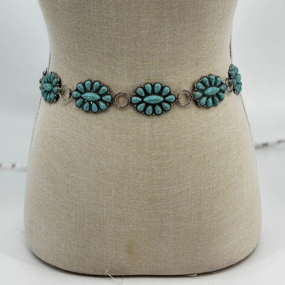 Modern Heritage Chain Belt Women L/XL Turquoise Silver Flower Medallion Boho New